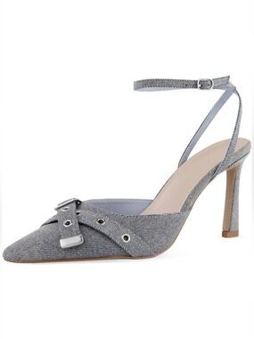 NWT Chic Denim Pointed Toe Slingback Kitten Heels Grommet Buckle Pumps 7.5